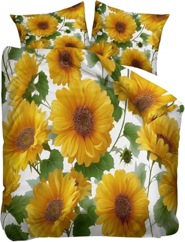 Sonnenblume Bettwäsche 135x200 Landhausstil Bettwäsche Set, 3D Bettbezug Set Weich Microfaser Bettbezüge 2 Teilig Blumen Wendebettwäsche für Einzelbett, mit 1 Kissenbezug m7147