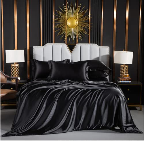 Luofanfei Bettwäsche Satin Schwarz 200x200 Glänzend Einfarbig Schwarze Bettbezug Set Seide Glatt Luxus Bettwäsche Set Glanzsatin Polyester mit Reissverschluss und Kissenbezüge 80x80 cm
