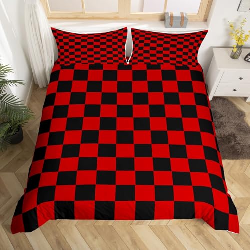 Geometrische Gitter Bettbezug 135x200 Rot und Schwarz Karierte Bettwäsche Set Bauernhaus Quadrat Muster Tröster Abdeckung für Kinder Jungen Mädchen Schlafzimmer,Geometrie Bett Set (Kein Tröster)