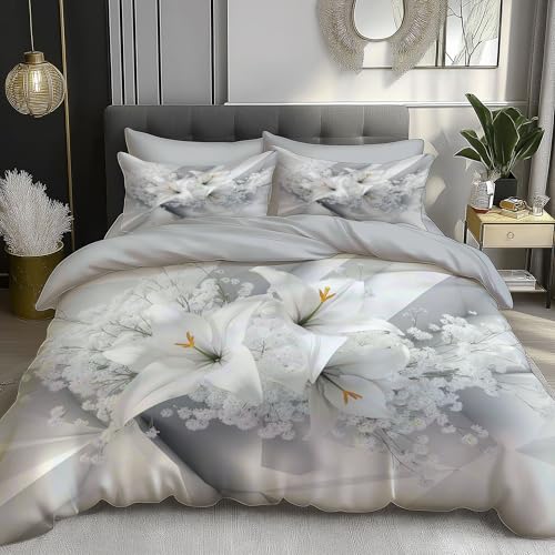 DACRWEKZ Bettwäsche 135×200 cm Blumenillustrationen Weiß Bettwäsche Mädchen Jungen aus Microfaser - Weiche Bettbezug mit Reißverschluss und 1 Kissenbezug 80x80 cm - Lilien Und Schleierkraut