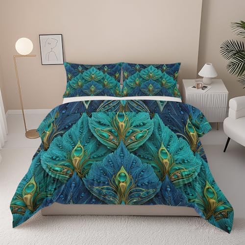 Pfauenfeder Bettwäsche 200x220 3 Teilig - Elegante Feder Bettwäsche-Sets, 1 Bettbezüge 200x220cm + 2 Kissenbezüge mit Reißverschluss, Blau Grün Bettzeug Weich und Bügelfrei