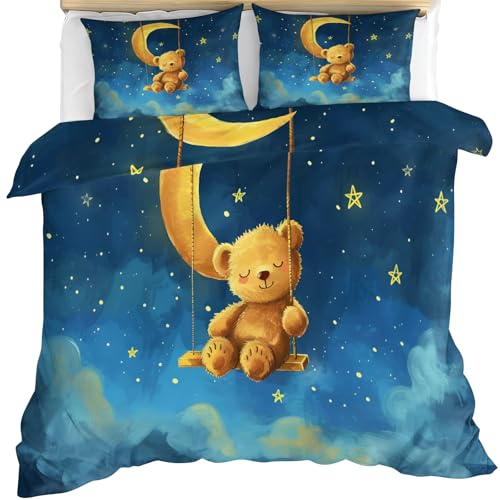 FIEMAR Kinder Bettwäsche Set mit Süßem Bären für Teenager 135 X 200 cm Bettbezug „Kleiner Bär Auf Einer Schaukel“ Mond und Schaukel Bettset für Kinder Sternenhimmel und Wolken Bettbezüge