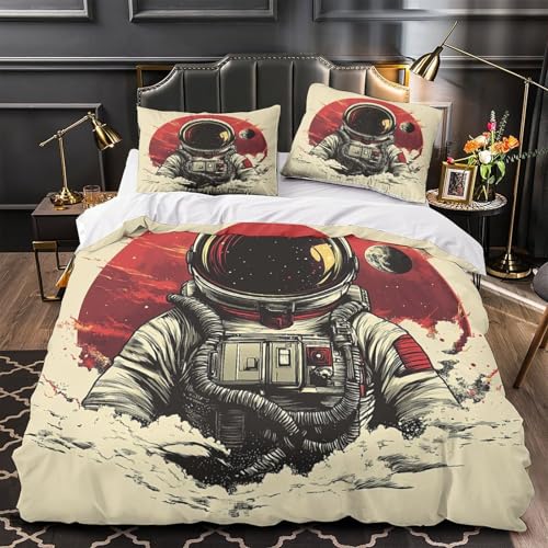 FPAKAKIIE Astronautischer Weltraumspaziergang 3D Bedruckt Bettbezug 3teilig Mikrofaser pflegeleicht Deckenbezug 2 Kissenbezüge maschinenwaschbar Jugendzimmer Deko Super King?260x220cm?