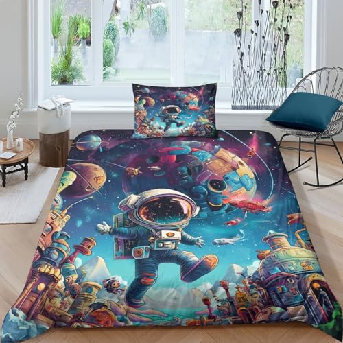 WXMMoney Bettbezug-Set, Astronauten-Bettwäsche-S et, Bettbezug für Kinder und Erwachsene, Design-Dekoration für Kinder, Jungen und Mädchen, leichter Bettbezug aus Mikrofaser, Einzelbett (135 x 200 cm)