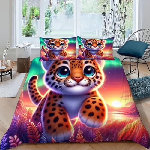 EXSANLIEAY Niedliche Leoparden Bettwäsche-Sets 155x220 cm DäMmerungslandschaft Bettbezug Kreatives 3D Effekt Weich Microfaser Deckenbezug mit Reißverschluss und 2 Kissenbezug 80x80 cm