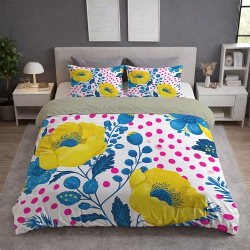 Generisch Bettwäsche 155x220 Set - Mikrofaser Bettbezug 155x220 cm mit 2 Kissenbezug 80x80 cm, Wendebettwäsche, ultraweich und hautfreundlich, Gelb, Punkte Elegant Blumen