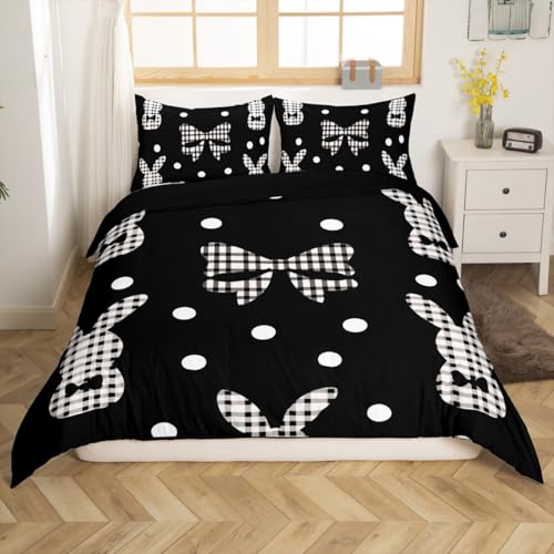 Homemissing Osterhase Bettwäsche Set 135x200cm Schwarzer Bowknot Betten Set für Kinder Jungen Mädchen Weiße Punkte Bettbezug Set Haustier Tier mit 1 Kissenbezug 2Stück Bettwäsche