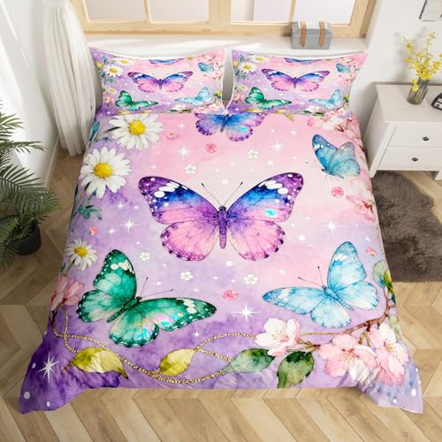 Homemissing Schöne Butterfiles Bettwäsche Set 135x200cm Jungen Mädchen Bunte Blumen Bettwäsche-Set weiche Botanische Blumen gedruckt Bettbezug Set Schmetterling 2-teiliges natürliches Thema