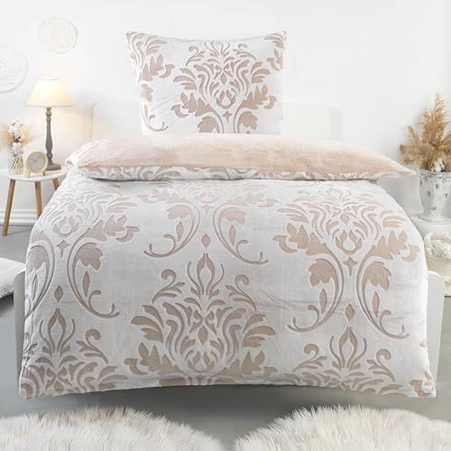 BaSaTex Kuschelige Winter Plüsch Bettwäsche Set 135x200 cm + 80x80 cm - Warme Bettgarnitur mit hochwertigem Laserdruck - Baronesse Natur Beige