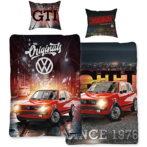 VW Volkswagen Golf Bettwäsche GTI Rot/Grau 135 cm x 200 cm + 80 cm x 80 cm Oldtimer 100% Baumwolle in Renforcé-Linon-Qualität Race Wörthsee Auto-Car 2 Motive Wendebettwäsche Reißverschluss 088
