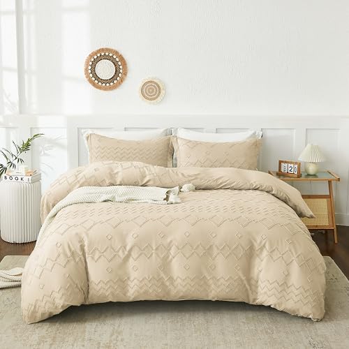 EMME Bettwätsche-Set 200x200 cm Boho mit 2 Kissenbezug 80x80cm, Beige Getuftete Mikrofaser Bettwäsche mit Boho-Stickerei, Ganzjahres-Bettbezug, Atmungsaktiv & Pflegeleich