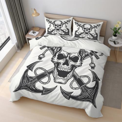 Generisch Pirat Totenkopf Bettwäsche 135x200cm, Schädel Nautisch Bettwäsche-Sets 2 Teilig, Bettbezug + 1 Kissenbezüge 80x80cm Weich Mikrofaser mit Reißverschluss 21D&-36