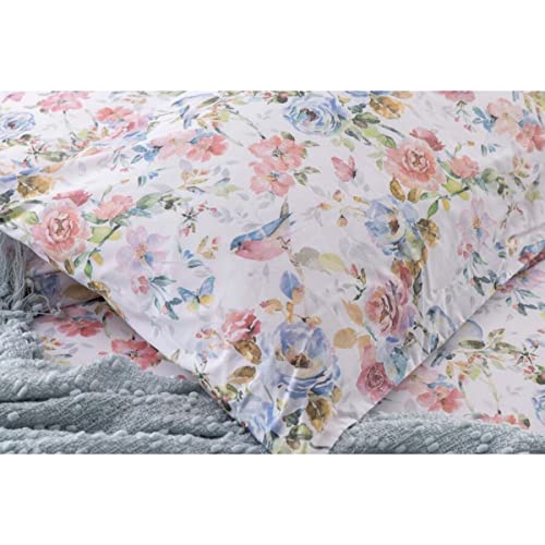 Bettwäscheset für Einzelbett, Blumen- und Vögelmotiv, Pink / Blau