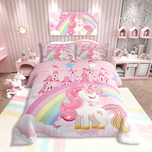 Homewish Rosa Schloss Einhorn Bettwäsche 135x200 Kinder Mädchen Cartoon Prinzessin Regenbogen Bettbezug Romantische Fantasie Pferd Bettwäsche Pflanzen Blumen Herz Sterne Diamant Schmetterling Bedding