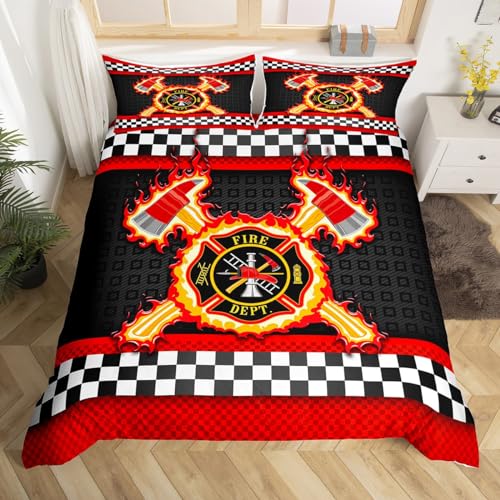 Feuerwehr Kinder Bettbezug Set L Größe,Feuerwehr LKW Werkzeuge Bettwäsche Set,Jungen Mädchen Erwachsene,Geometrische Gitter Patchwork Mode Tröster Abdeckung,Rot Schwarz Quilt Cover,2 Kissenbezug