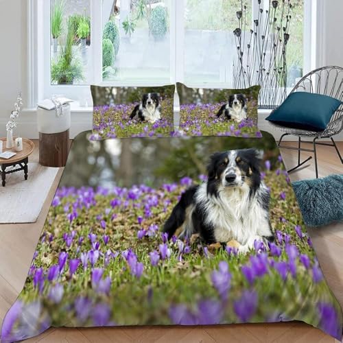 Hund Bettwäsche 135x200 Blumen Bettwäsche Set, 3D Bettbezug Set Weich Microfaser Bettbezüge 2 Teilig Landhausstil Wendebettwäsche für Einzelbett, mit 1 Kissenbezug m5869