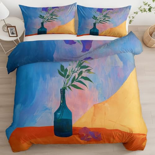 XCQHZYQ Ölgemälde Lila Blumen Bettbezug Set 155x220 cm, Hellblau Bettwäsche Set Weiche Atmungsaktive Hypoallergen Bettwäsche für Jugendliche Einzelbett, mit Reißverschluss