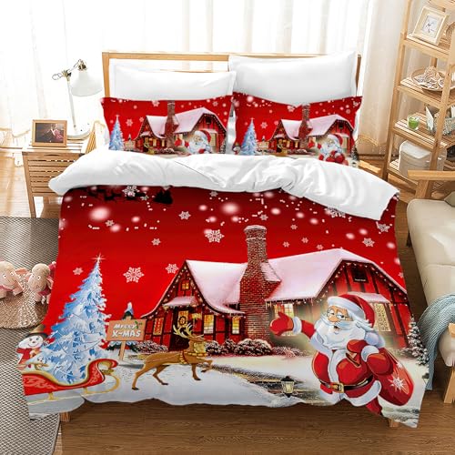 JEFFEL Weihnachts Bettbezug, Weihnachtsmann Bettwäsche Set, High Definition Druckmuster Bettbezug 3-teiliges Set,Weihnachten Geschenk für Kinder Teenager (Weihnachten C, 135 x 200 cm)