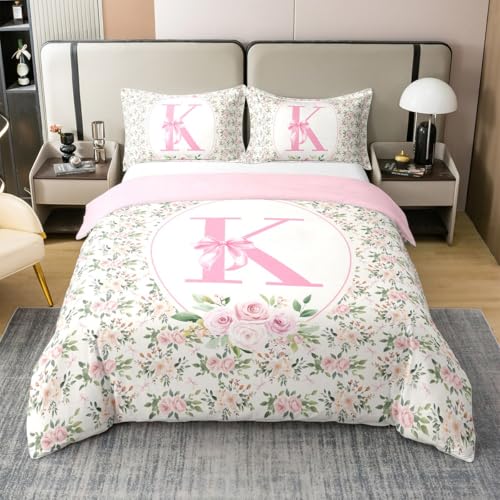 Homewish Buchstabe K Baumwolle Bettwäscheset 135x200cm Rosa Bogen bettbezug für Kinder Mädchen Frauen Preppy Prinzessin Bogen Süße Mode Bettwäsche Kawaii Mädchen Bowknot Kokette bettset Zimmer dekor