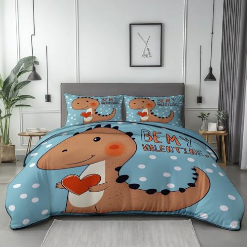 Bettbezug Wende 2 Teilig Niedlicher Dinosaurier Herzlinien Bettwäsche mit reißVerschluss,microfase r atmungsaktiv weich Sets Hellblau,für die schlafzimmerdekoration 135 x 200 cm