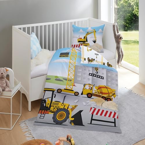 Familando Baby Bettwäsche aus 100% Baumwolle Oeko-Tex mit Reißverschluss · Deckenbezug 100x135 Kissenbezug 40x60 cm · Kinderbettwäsche mit Baustellen Motiv, weiß & hellblau, maschinenwaschbar