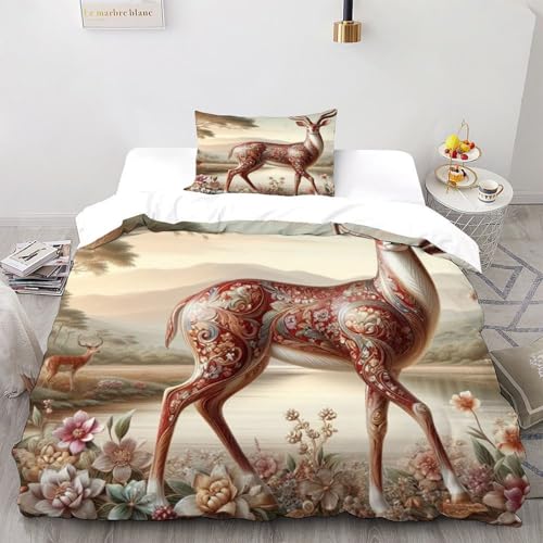 SOJFGSNAJ Doppelhorniges Hirsch Bettbezug Mädchen Mikrofaser Bettwäsche Bettwäsche Aus Microfaser - Bettbezug Mit Reißverschluss Und 2 Kissenbezug Double?200x200cm?