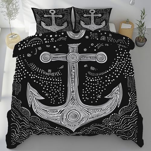 Kntnshac Abstrakt Anker Bettwäsche 200x200, Wellen Geometrischer Wirbel Microfaser Bettwäsche-Set, Wendebettwäsche mit Reißverschluss?Enthält 1 Bettbezug und 2 Kissenbezug 80x80 cm