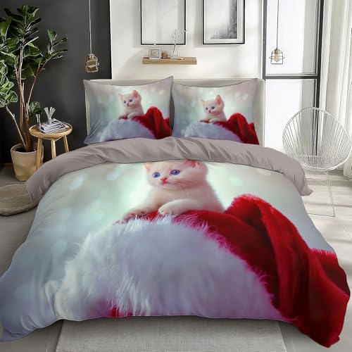 Bettwäsche 240 x 220 cm Foto Weihnachtsmütze Katze, Weiche Microfaser Beige Grau Bettwäsche Set 3 teilig mit 2 Kopfkissenbezug & Reißverschluss für Kinder Jungen Mädchen - Ganzjahres
