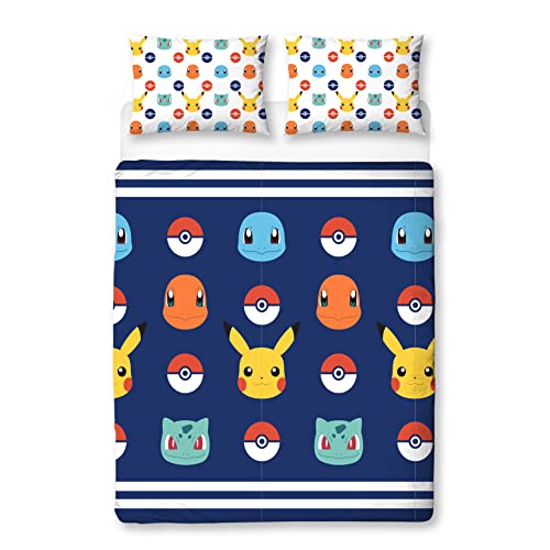 Pokemon Offiziell Lizenziertes Bettbezug-Set für Doppelbetten | Pikachu-Abzeichen-Design, wendbare 2-seitige Bettwäsche mit passenden Kissenbezügen | Character World Brands Doppelbett-Set