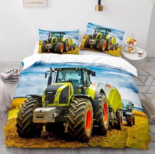 Generisch Bettwäsche 200x200 Grüner Traktor Bettwäsche-Sets 3D Prin-Bettwäsche 200x200 cm – Mikrofaser-1Bettbezug + 2 Kissen 80x80, für Mädchen Jungen weich & pflegeleicht