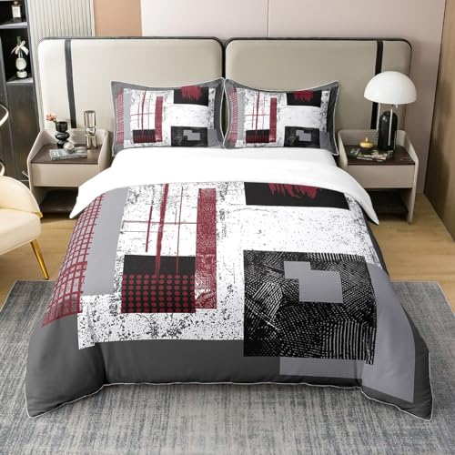 Homewish Bettbezug, 200 x 200 cm, Baumwolle, rot, schwarz, kariert, abstrakt, westlich, für Damen und Herren, Bettwäsche-Set, geometrisch, Retro, weiß, grau