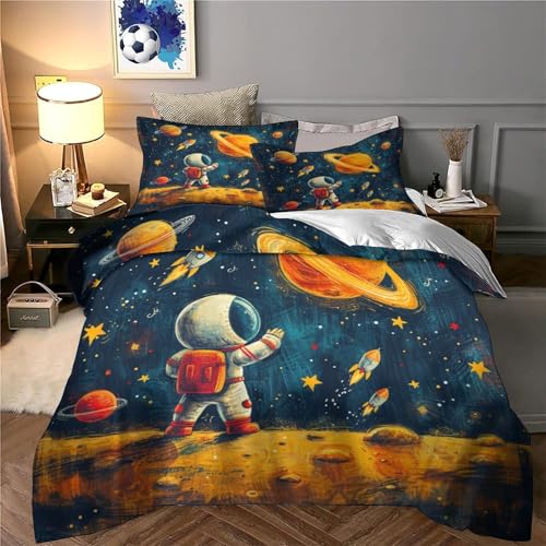 XJmoney Cartoon Astronaut Bettbezug Bettwäsche Set Kinderbettwäsche-Set Reißverschluss Mit Kissenbezug Betten Set Für Jungen Und Mädchen, Kinder Single?135x200cm?