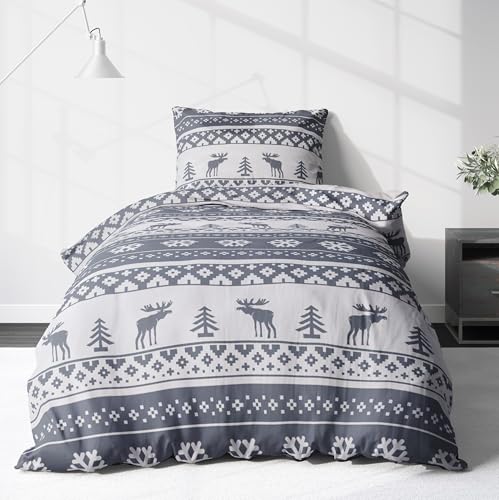 LINKHOFF Biber Bettwäsche 135x200 2tlg - Weihnachtsbettwäsche aus 100% Baumwolle - Fein-Biber Winterbettwäsche Grau Weiß mit Rentier Motiven - Weihnachten - Kissen + Bettbezug