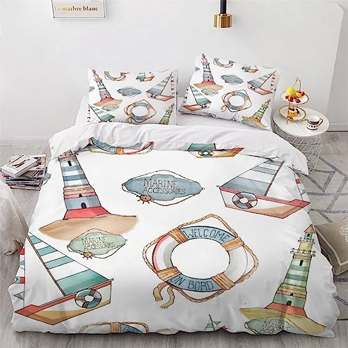 AKATIE Bettwäsche 200x200cm flauschig Leuchtturm Karikatur Bettwäsche Set 3 Stück Weiche Mikrofaser 3D drucken Bettbezug Maritimes Thema Jugendliche Bettbezüge mit 2 Kissenbezug 80x80