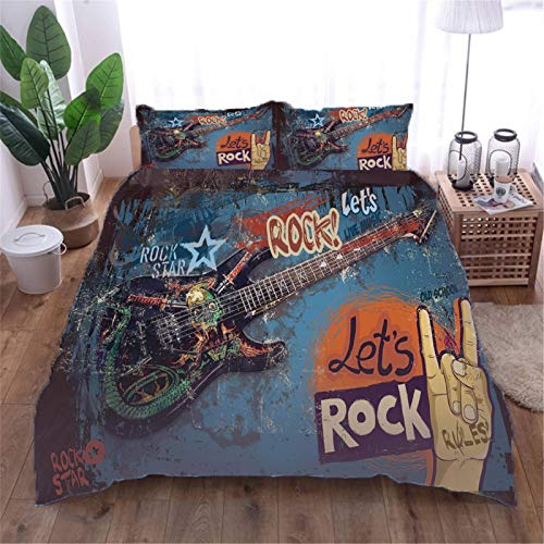 AOUAURO Bettwäsche 135x200 Rockmusik Bettbezug Set 3D Bedruckte 3-Teiliges Polyester mit Reißverschluss 1 Bettbezug und 2 Kissenbezug 80x80cm 3 Stück Einzelbett