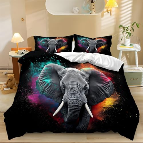 Bettwäsche Set Tiere Elefanten Bunt 135 cm x 200 cm, Bettbezug mit Versteckter Reißverschluss und 2 Kissenbezug, Weiche Bedruckte Bettwäsche-Set für Kinder Jugendliche Erwachsene