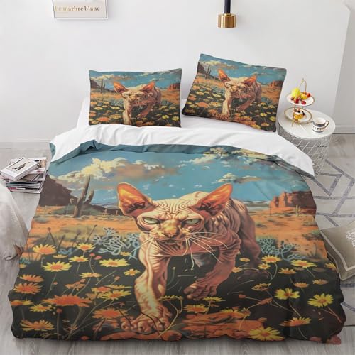 NUEYSP Bettwäsche 140x200 Haarlose Katze Bettwäsche-Sets 3D-Motiv, Mikrofaser, 1 Bettbezug 140x200 + 1 Kissen 70x90 mit Verdecktem ReißVerschluss für Mädchen Jungen.