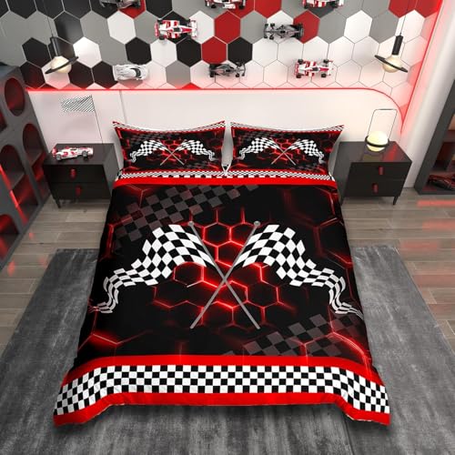 Loussiesd Bettwäsche-Set mit Wabenmuster, Doppelbettgröße, für Kinder, Erwachsene, Jungen, Teenager, geometrisch, sechseckig, schwarz-weiß, kariert, mit 2 Kissenbezügen, Rot