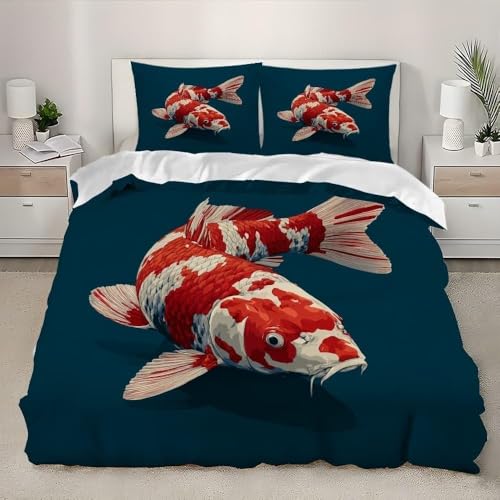 Roter Koi-Fisch Bettwäsche 135x200 3D Drucken Fische Bettwäsche-Sets Weiche Kuschelig Mikrofaser Bettbezug mit 2 Kissenbezüge 80x80 cm mit Reißverschluss b.433