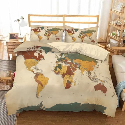 JEDTAKCT Reversibel Bettwäsche 135X200Cm Vintage Karte Druck Warm Weiche Bettwäsche Set Weihnachten Microfaser Weltkarte Druck Bettbezug Kissenbezug 80X80Cm Mit Reißverschluss