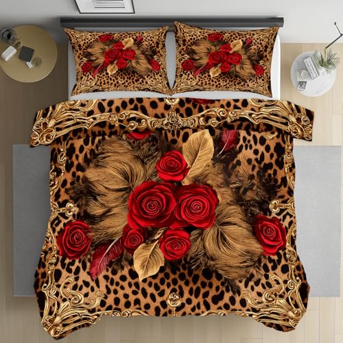 Kioldoq Rose Tier Bettbezüge Sommer, Blumenmuster Botanisch Bettwäsche 200x200 Mikrofaser, Wildtiere Leopard Deckenbezug 3 Teiliges, Wendebettwäsche Mit Reißverschluss Kissenbezug 80x80 cm