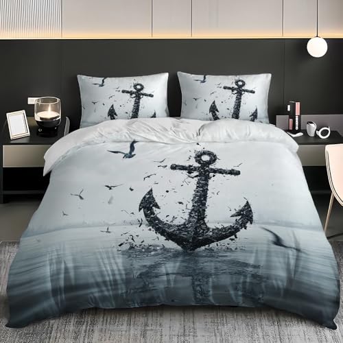 Mikrofaser Bettbezug Weich Atmungsaktiv Bettwäsche-Sets 180x200 cm Grau Bettbezüge mit Reißverschluss Waschbar Farbecht Strand-Anker Bettwäsche Set für Kinder Erwachsene