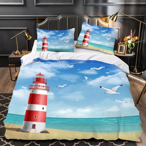 PUOJIEAT Bettwäsche 140x200 Maritimes Thema Weich Mikrofaser Bettwäsche-Sets Wachturm Bettbezug mit 2 x Kissenbezug 80x80 cm 3D Bettzeug Set e.3221