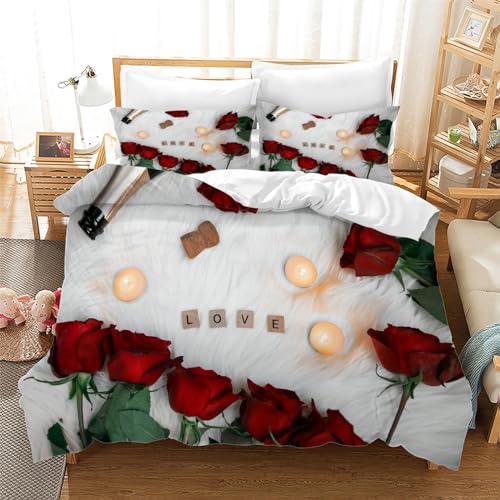 EXSANLIEAY Rose Bettwäsche 135x200 Liebe Bettbezug 3 Teilig Set mit 2 Kissenbezug 80x80 cm, Weich Mikrofaser Bettwäsche-Sets mit ReißVerschluss