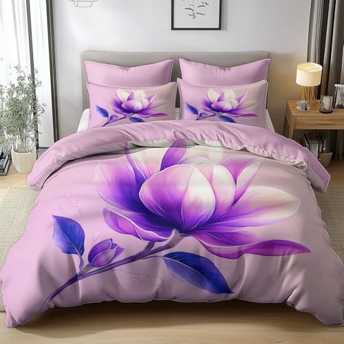 Bettwäsche Set 135x200cm Rosa Violette Magnolie Bettbezug Set 3 Teilig Weich Atmungsaktiv Mikrofaser 3D Drucken Bettbezüge und Kissenbezug 80x80 mit Reißverschluss