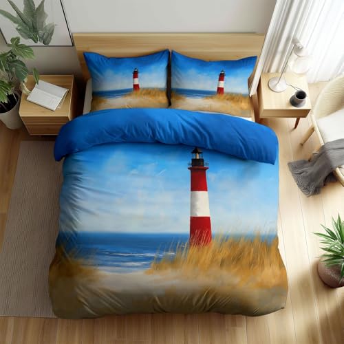 Generisch Königsblau Kinderbettwäsche 135 x 200 cm, Strand Leuchtturm Naturlandschaft Bettbezug mit Reißverschluss, Weich Bettwäsche-Sets Zimmer Dekor Bettbezüge mit Kissenbezüge