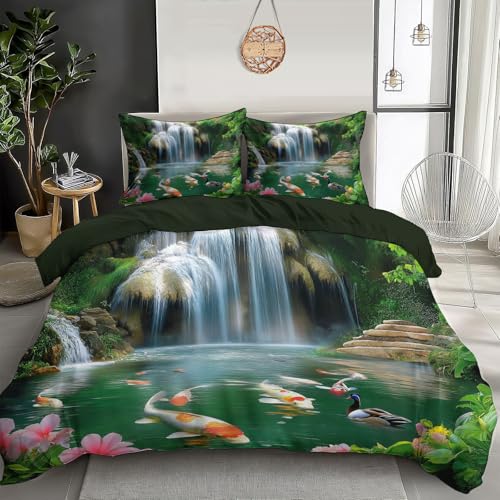 DLERFLOVR Bettwäsche 135x200cm Koi Bettwäsche Sets Waldlotusteich Bettbezug Bügelfrei & Knitterfrei Deckenbezug mit Reißverschluss und Kissenbezug 80x80 cm