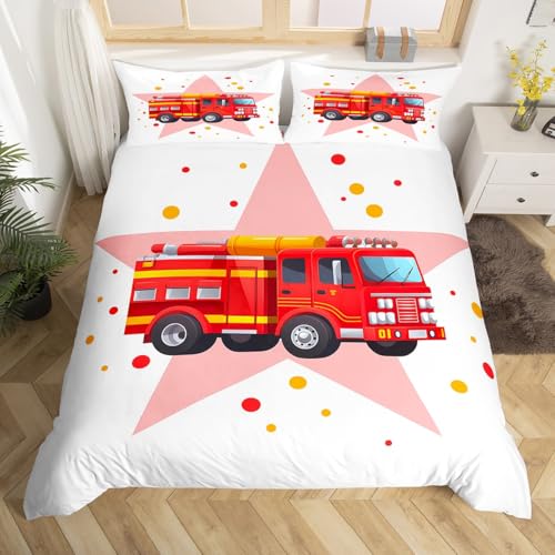 Loussiesd Feuerwehrwagen Bettwäsche Set 155x220cm Kinder Auto Bettwäsche-Set für Jungen Jugendliche Feuerwehr Thema Bettbezug Set Rotes Feuerwehrfahrzeug Bettbezug Raum Dekor mit Reißverschluss