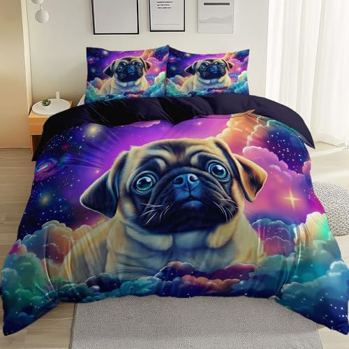 Bettwäsche Schwarz Weiche Mikrofaser Bettbezug mit Reißverschluss, Fantasie Galaxie Himmel Mops Druck Bettbezug für Erwachsene Kinder, Wendebettwäsche 135 x 200 cm Für Paar Teen Tagesdeck