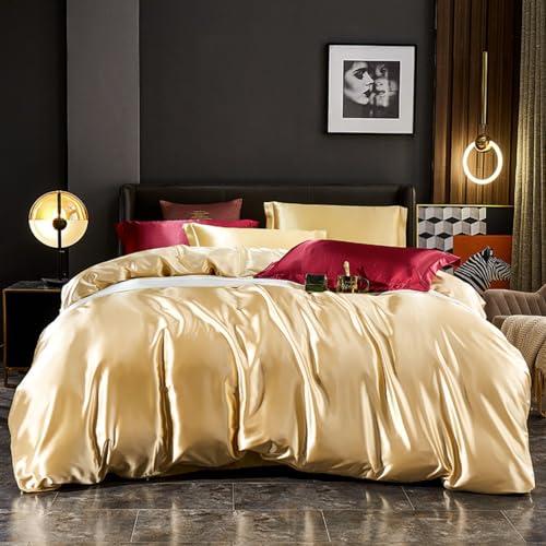 Freyamy Sommer Bettwäsche 135x200cm Kühlende Gold Satin Polyester Seidig Glatt Bettwäsche-Sets Glänzend Unifarben Sommerbettwäsche 1 Bettbezug mit Reißverschluss und 1 Kissenbezug 80x80cm